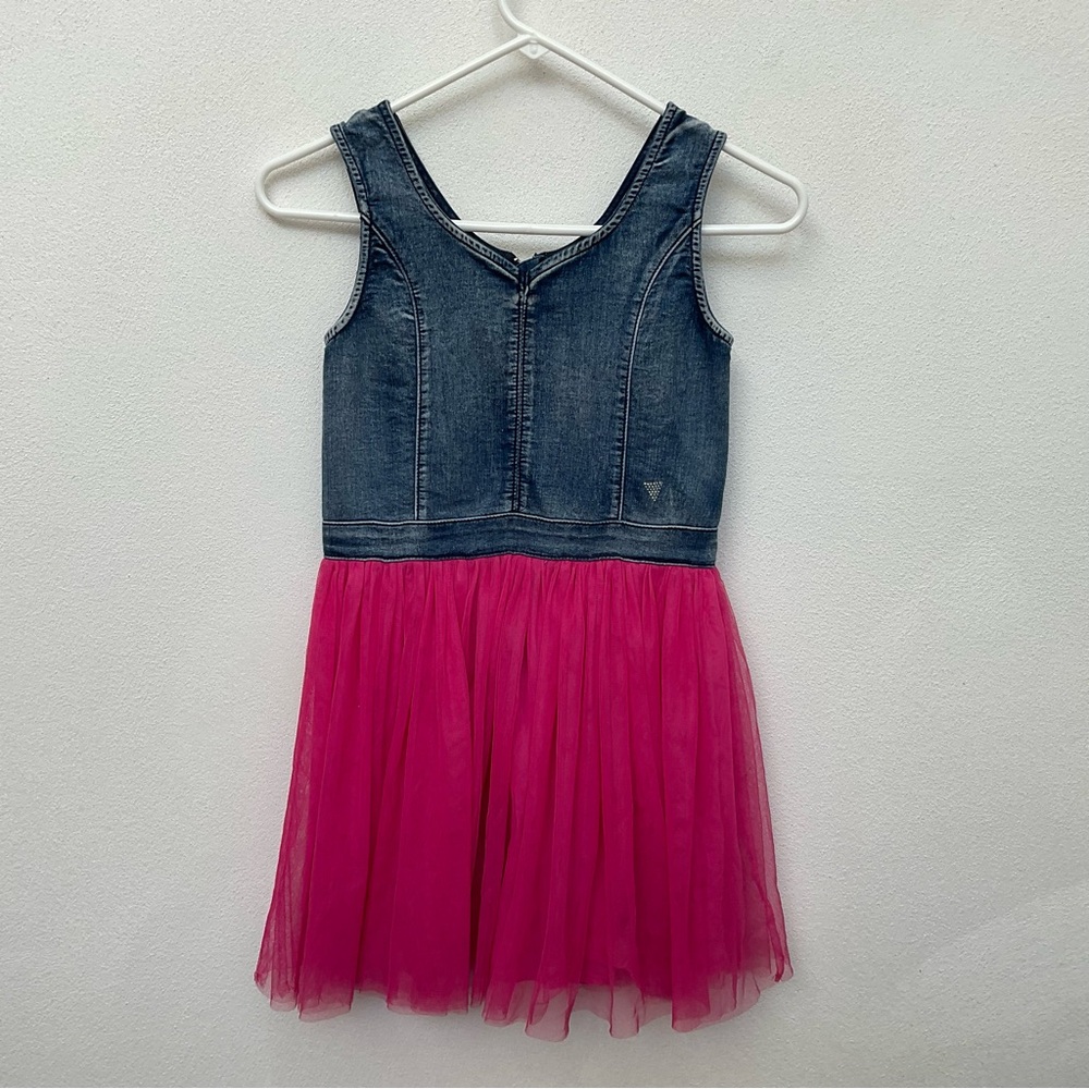 Guess Kids Denim Bodice Dress With Pink Tulle Tutu Skirt Size M 10/12 Zip Close